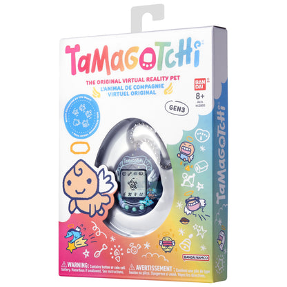 Side angle of the Tamagotchi Angel Night Garden interactive toy showing button layout and compact design