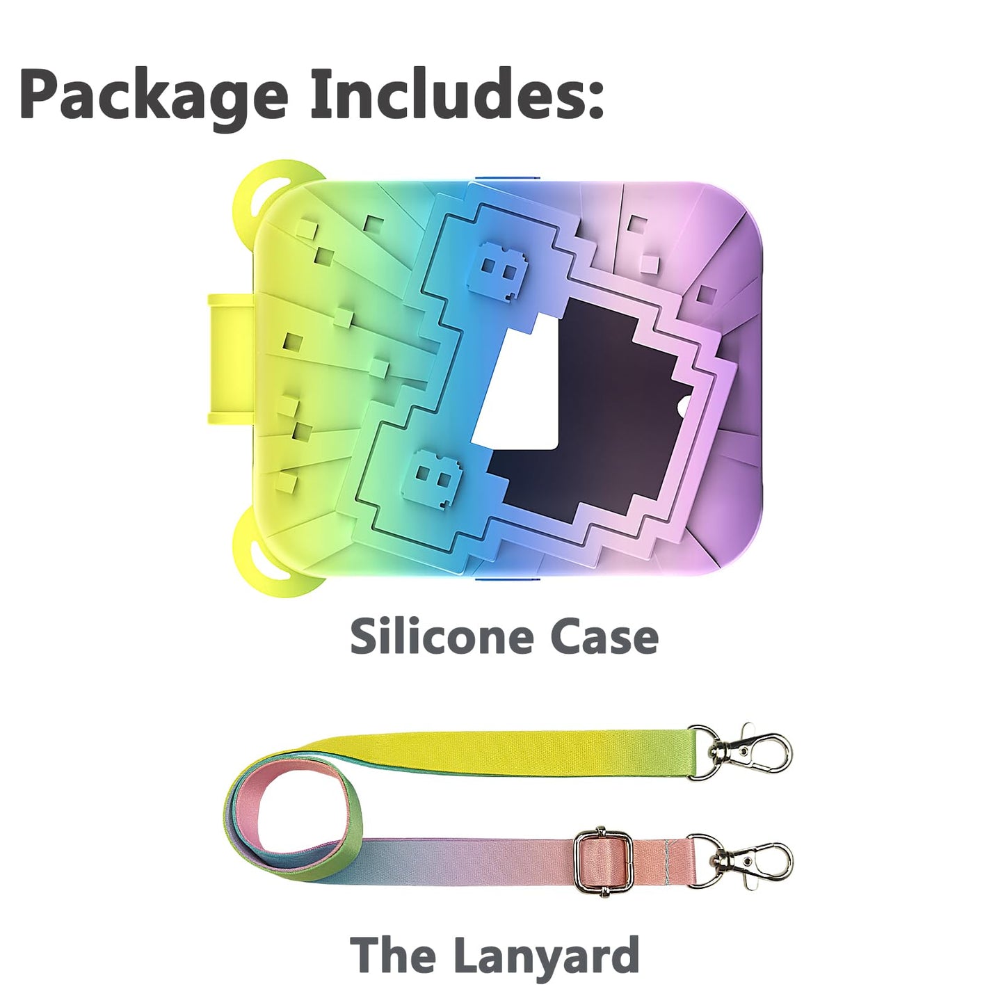Shockproof silicone holder protector for interactive digital pet toy in vibrant multicolored styling.