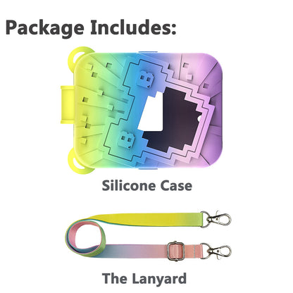 Shockproof silicone holder protector for interactive digital pet toy in vibrant multicolored styling.