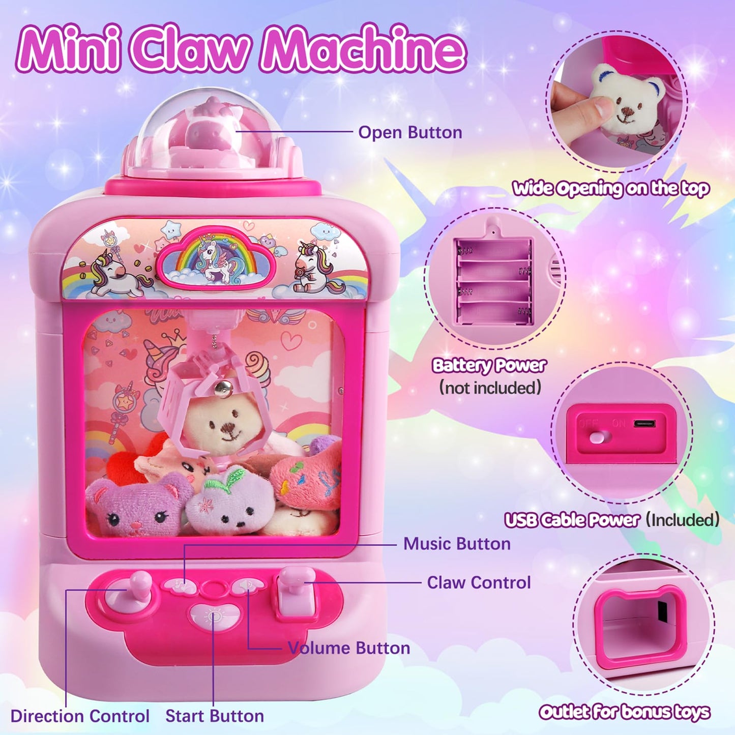 Pink electronic vending machine toy showing 360-degree rotating claw and joysticks