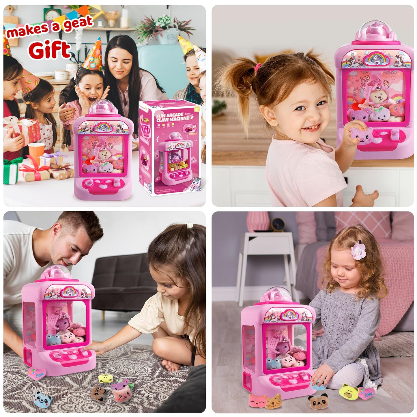 Unicorn themed arcade candy grabber prize dispenser with electronic countdown timer