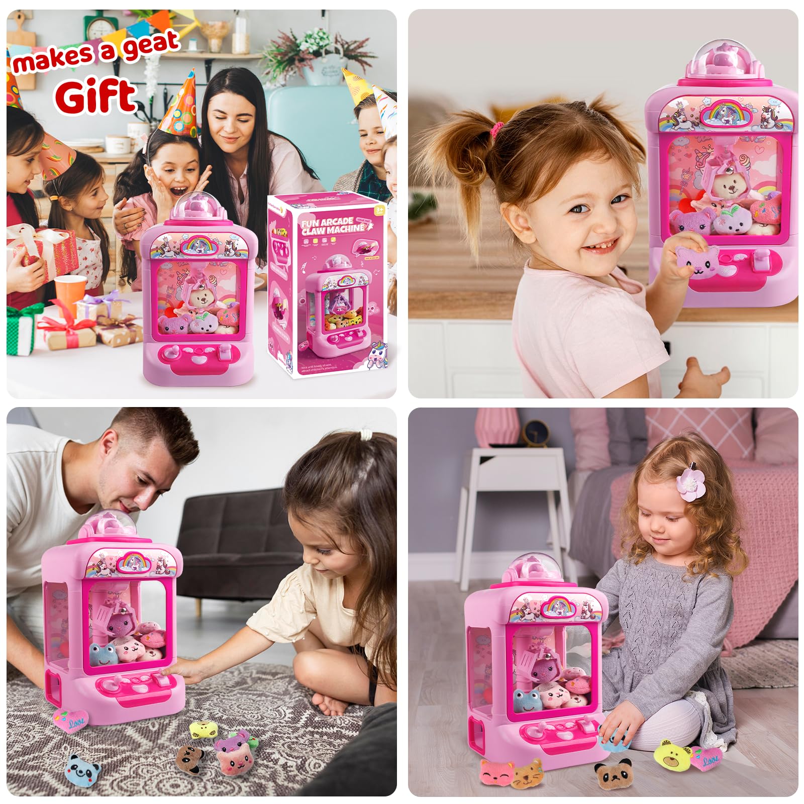 Unicorn themed arcade candy grabber prize dispenser with electronic countdown timer