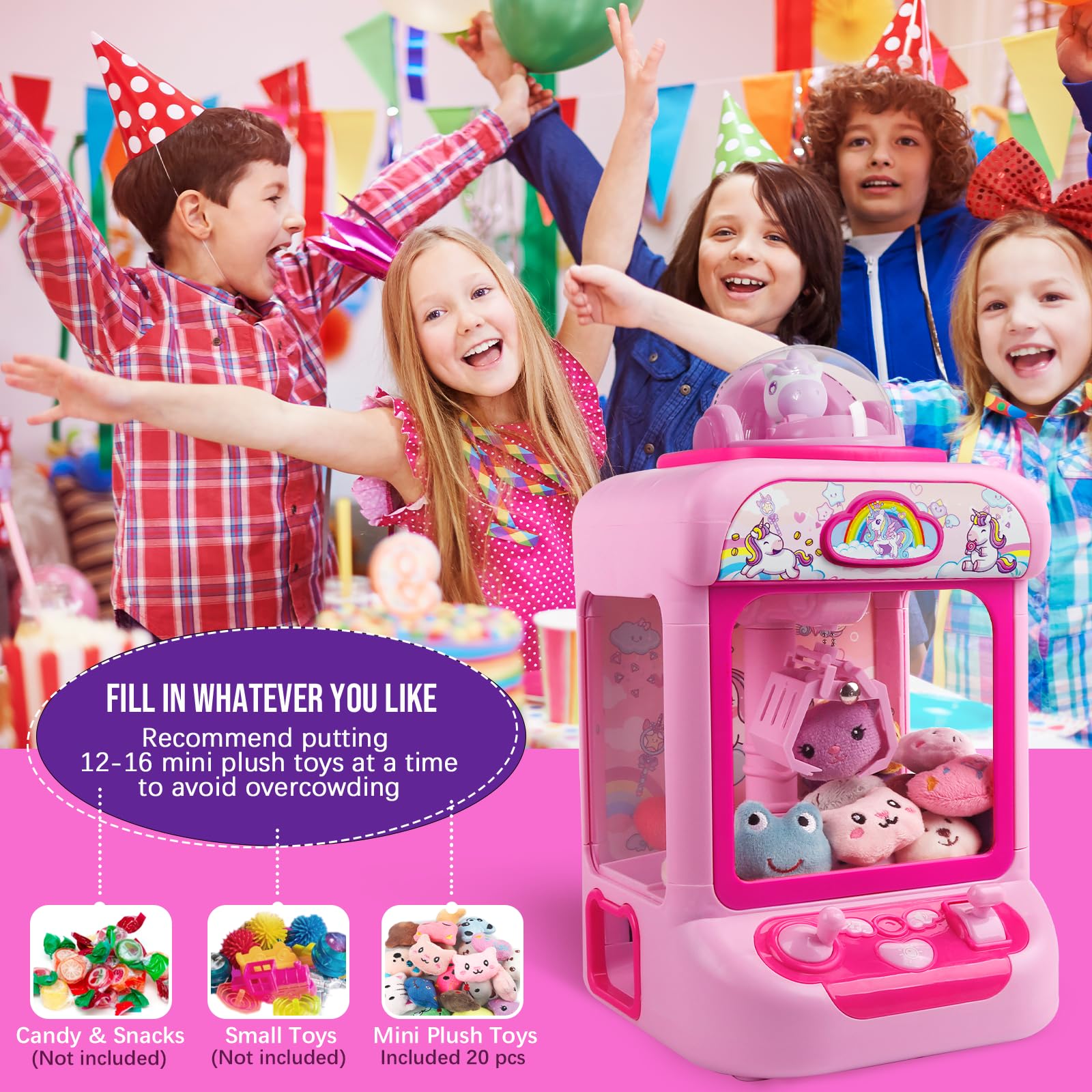 Mini doll catcher machine interior filled with twenty colorful mini plush toys