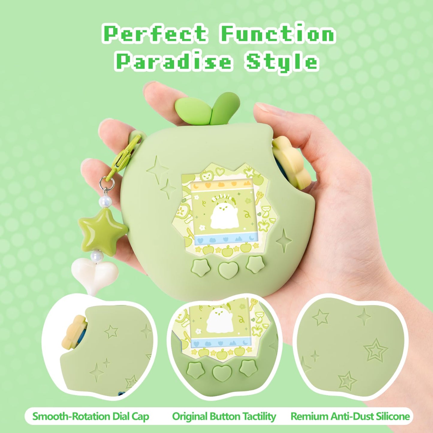 BUBBLELOGUS green silicone apple shell showing precise cutouts for electronic pet device buttons and sensors