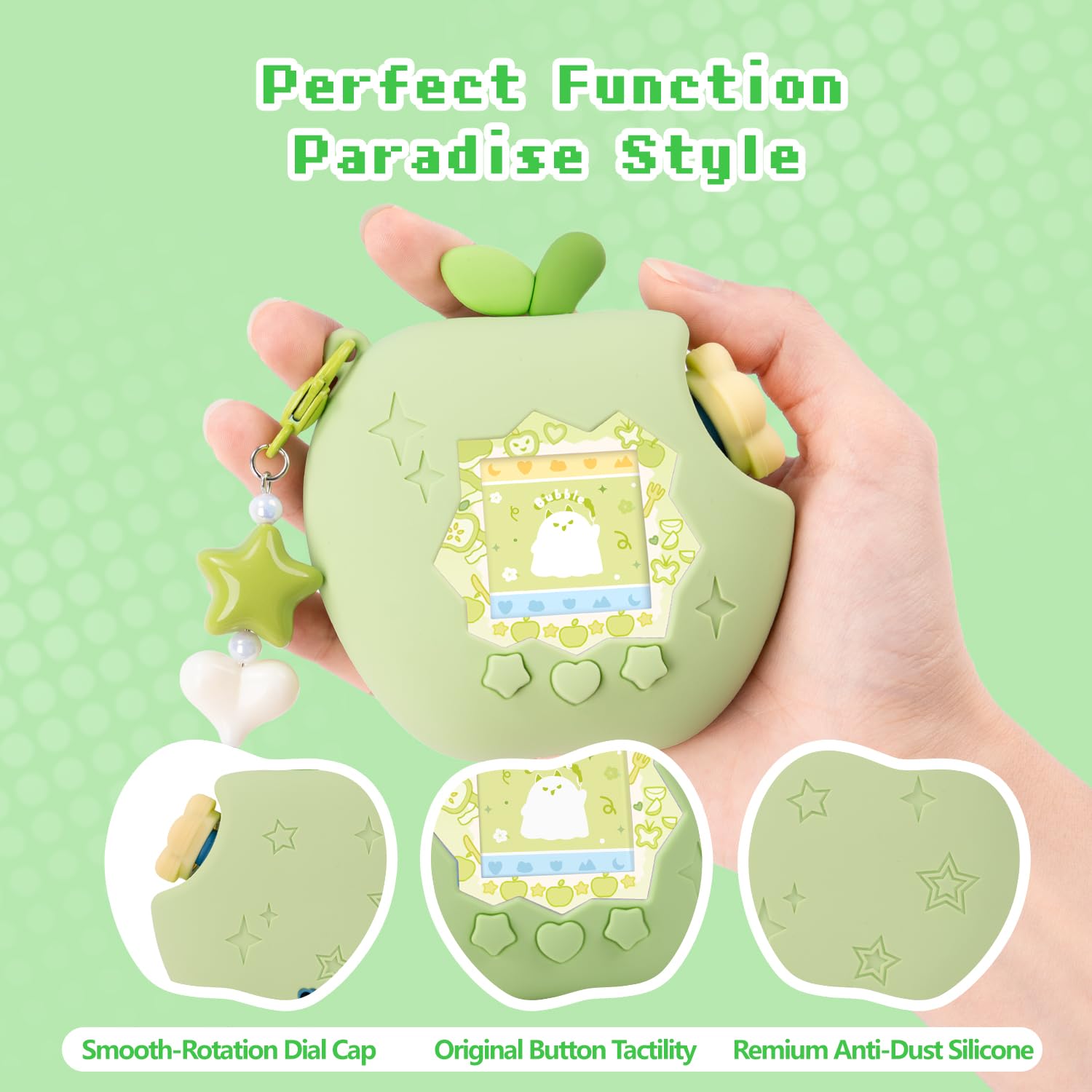 BUBBLELOGUS green silicone apple shell showing precise cutouts for electronic pet device buttons and sensors