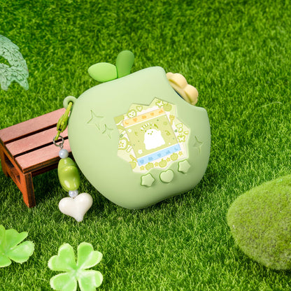 Close up view of the shockproof green silicone material showcasing the three dimensional apple design texture