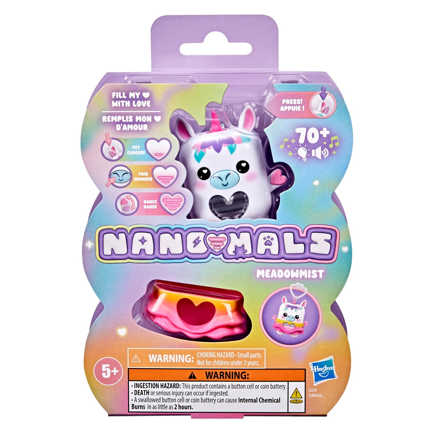 Nano Mals interactive pocket sized white unicorn pet with textured snap on outfit attached to a backpack clip