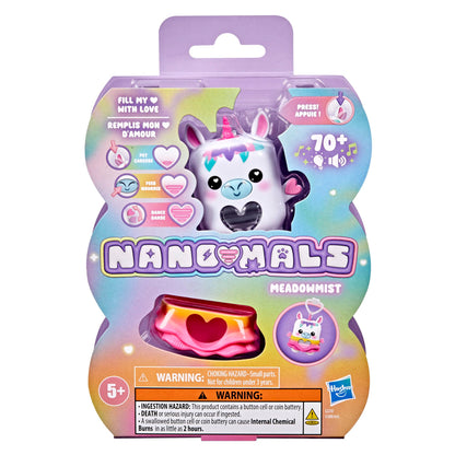 Nano Mals interactive pocket sized white unicorn pet with textured snap on outfit attached to a backpack clip