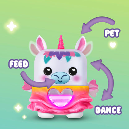 Close up view of the electronic fidget pet unicorn showing the clickable ears and interactive mouth button