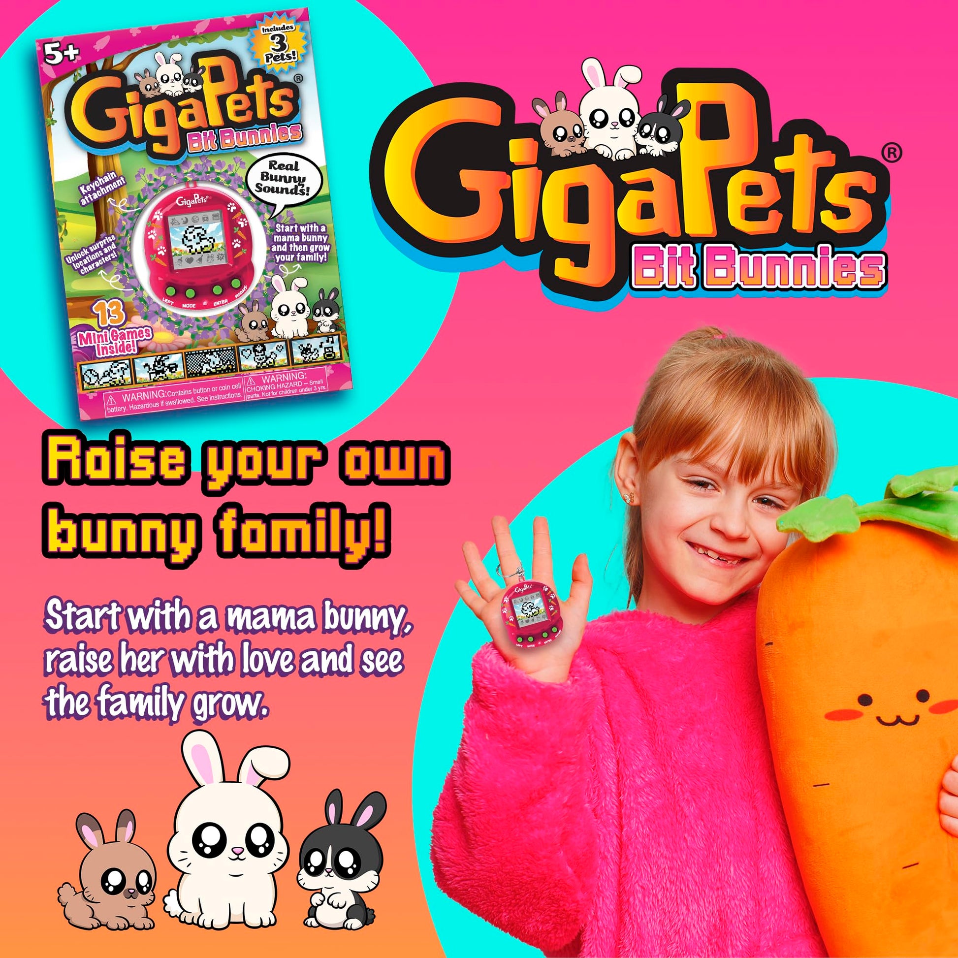 Close up view of the upgraded virtual pet screen displaying a baby bunny character evolution.