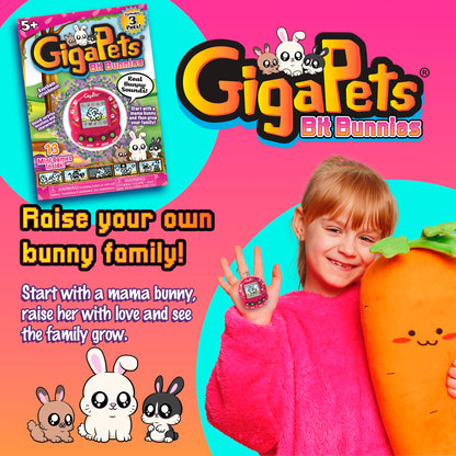 Close up view of the upgraded virtual pet screen displaying a baby bunny character evolution.