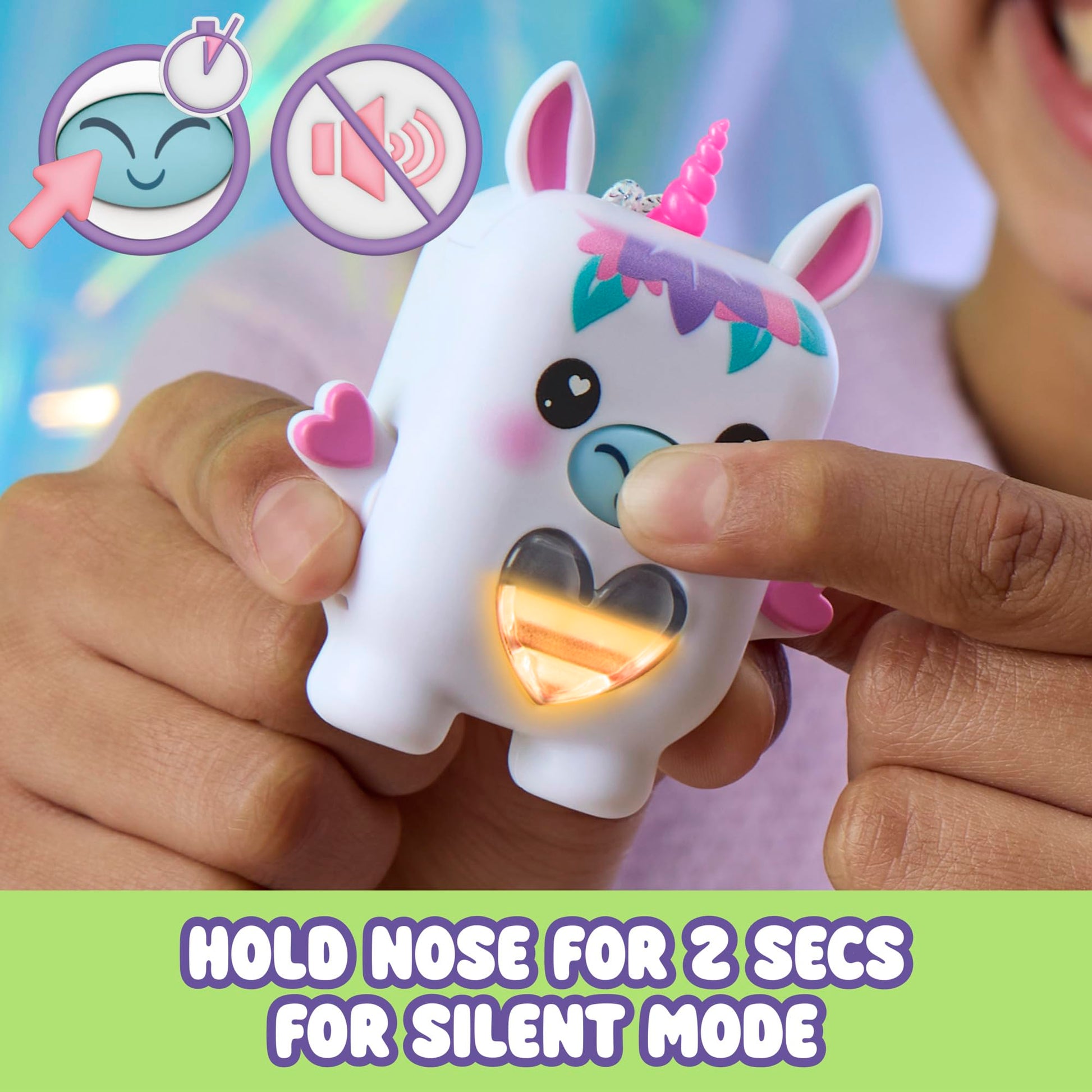 Side profile of the white electronic unicorn toy showcasing the removable sensory dress accessory and arm joints