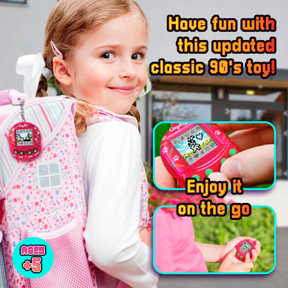 Back perspective of the electronic animal toy showing the battery compartment and secure metal keychain clip.