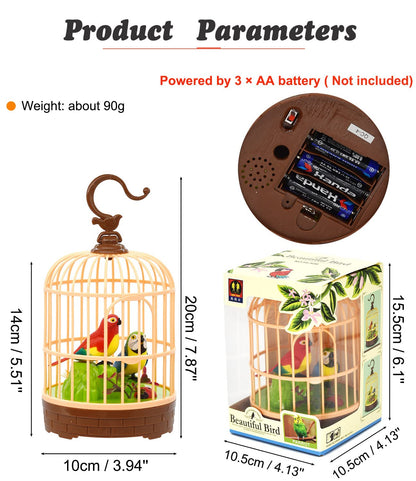 HWD talking chirping fluttering parrot toy detailing the battery compartment placement and power switch on the bottom base.