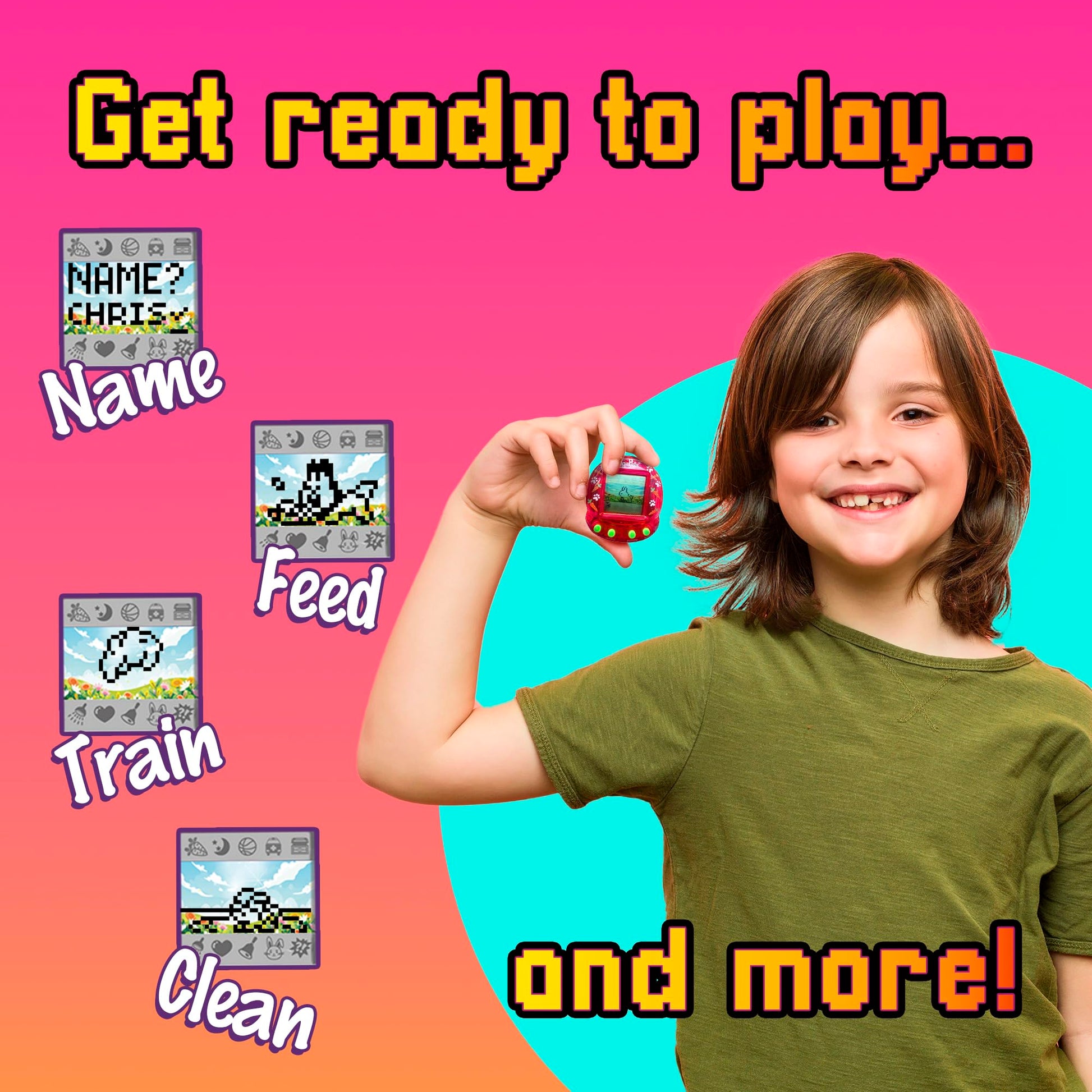 Giga Pets packaging showcasing the bunny family feature and the thirteen built in mini games description.