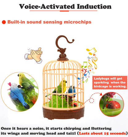 HWD interactive electronic birdcage toy placed on a children's bedroom nightstand illustrating its compact decorative size.