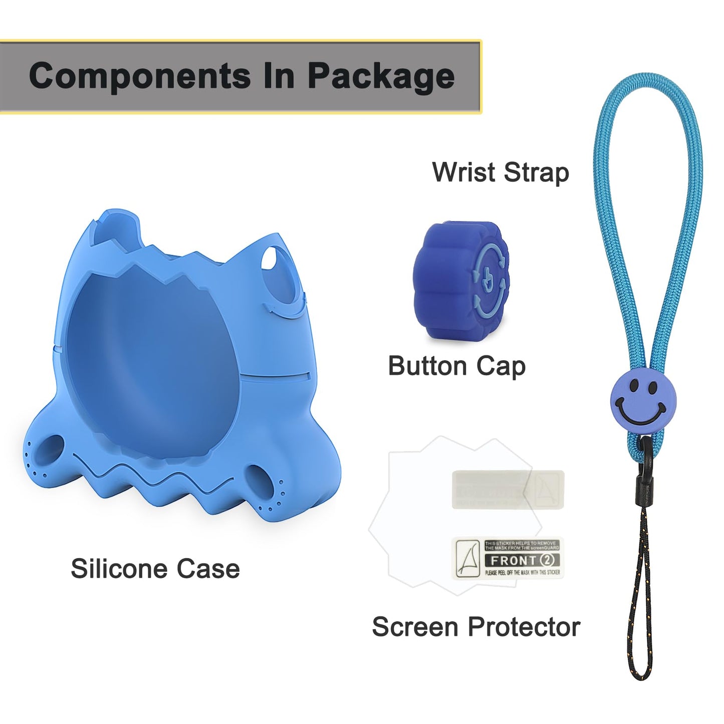 Blue protective cover for virtual pet displaying the integrated table standing feet mechanism.