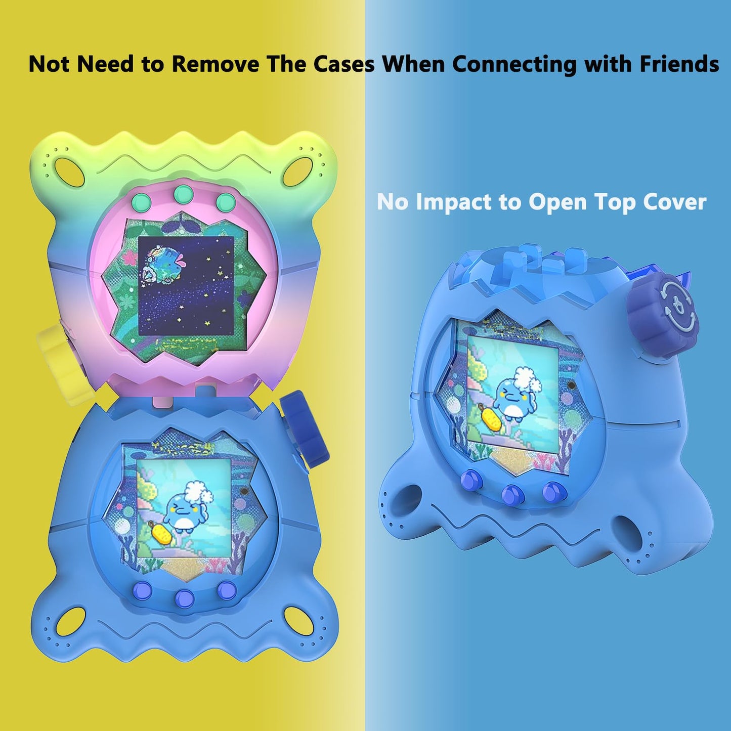 Back view of the blue cartoon squid textured silicone protector for interactive digital pets.