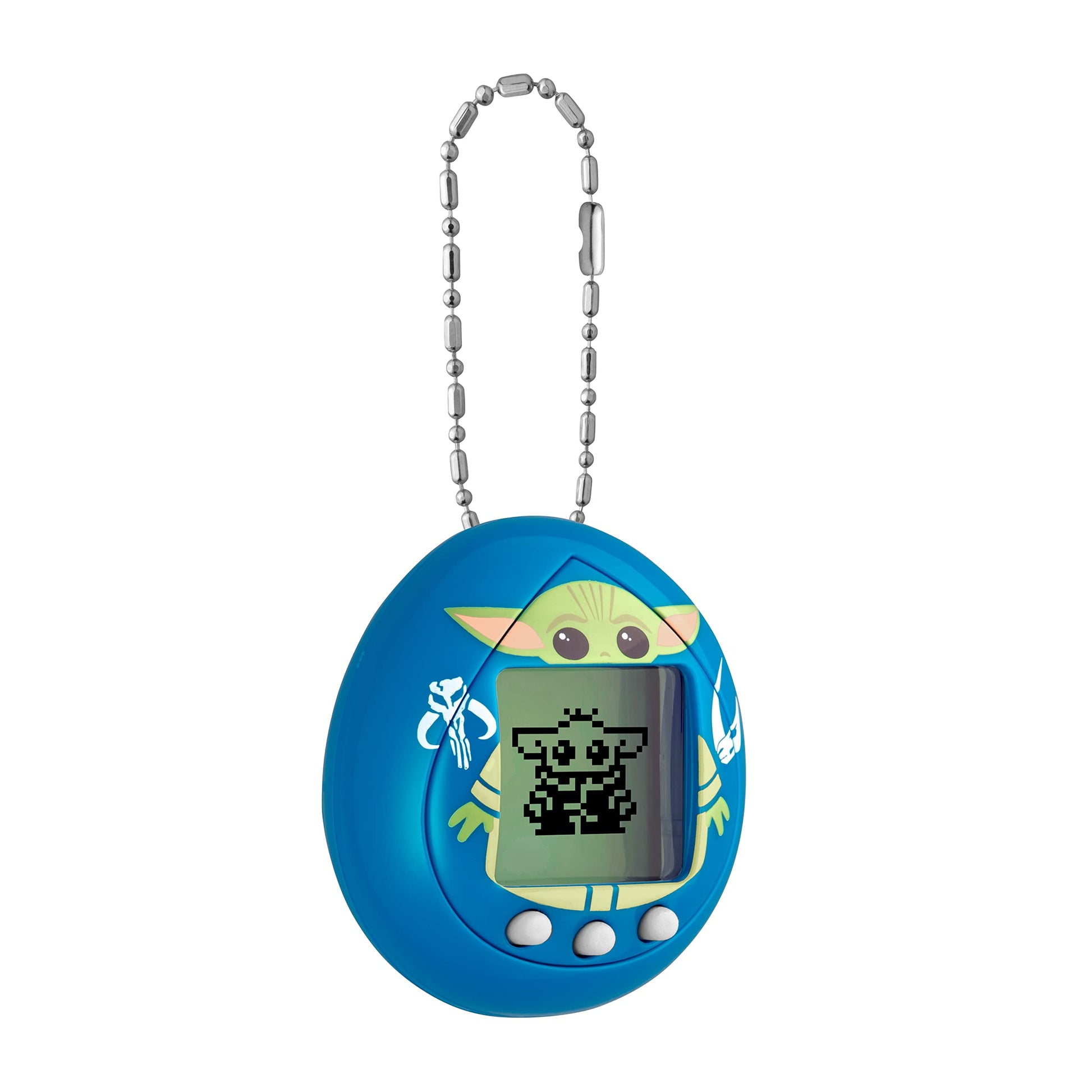Handheld view of the miniature Mandalorian Baby Yoda digital pet device in blue
