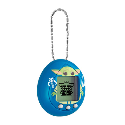 Handheld view of the miniature Mandalorian Baby Yoda digital pet device in blue