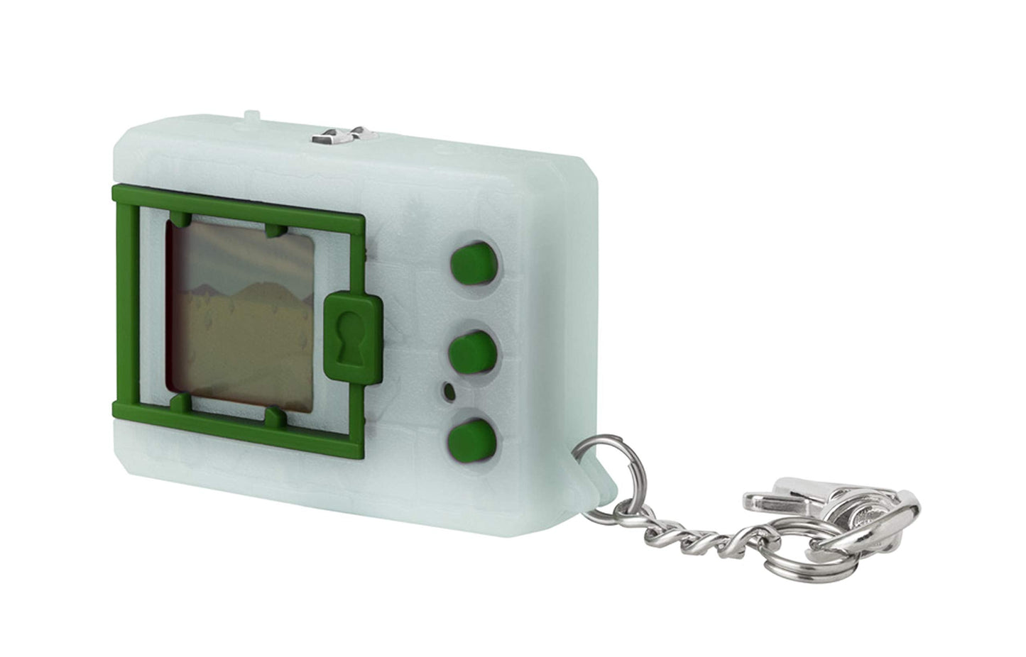 Handheld digital monster electronic keychain game demonstrating compact design