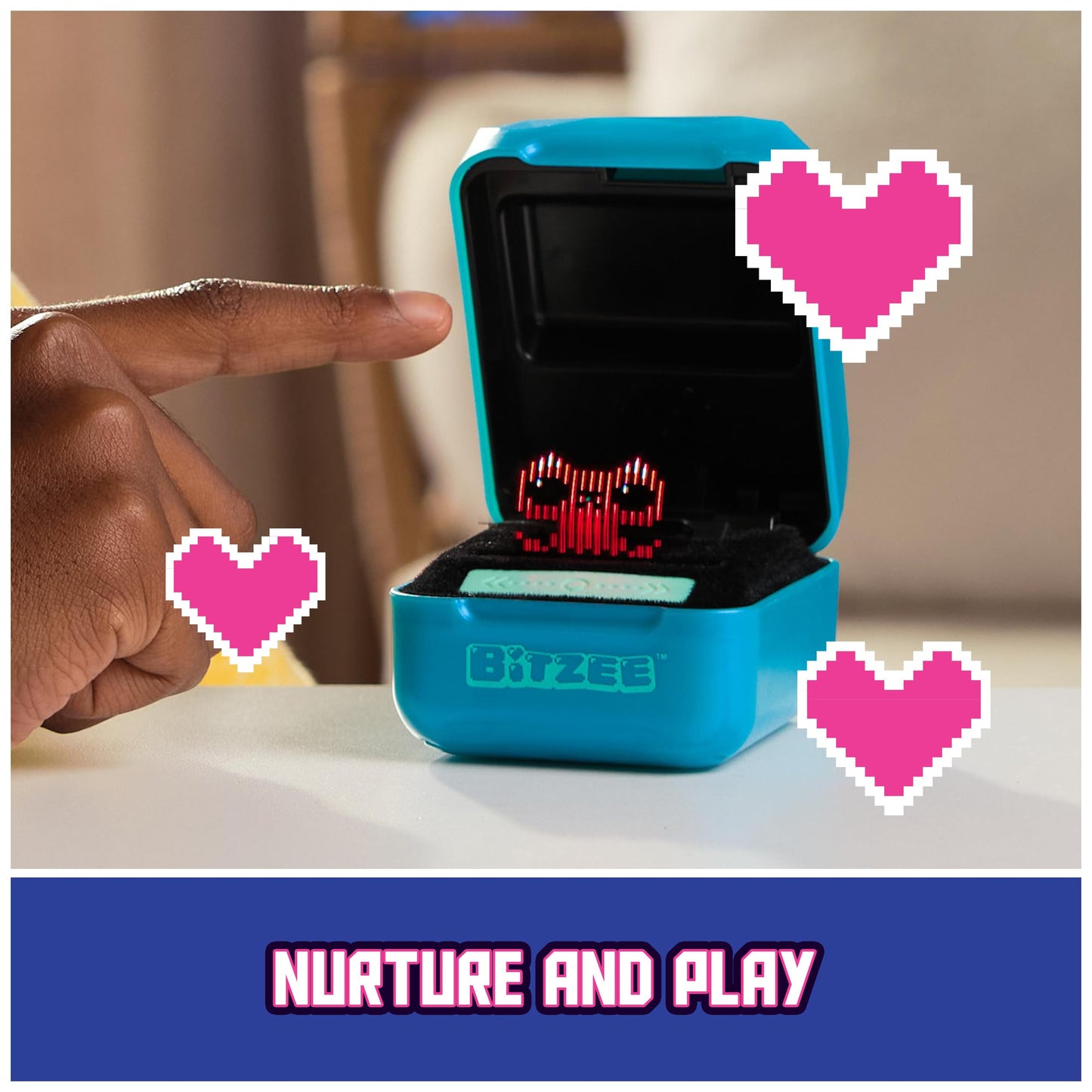 Child interacting with Bitzee Magicals pet by touching the responsive display flap