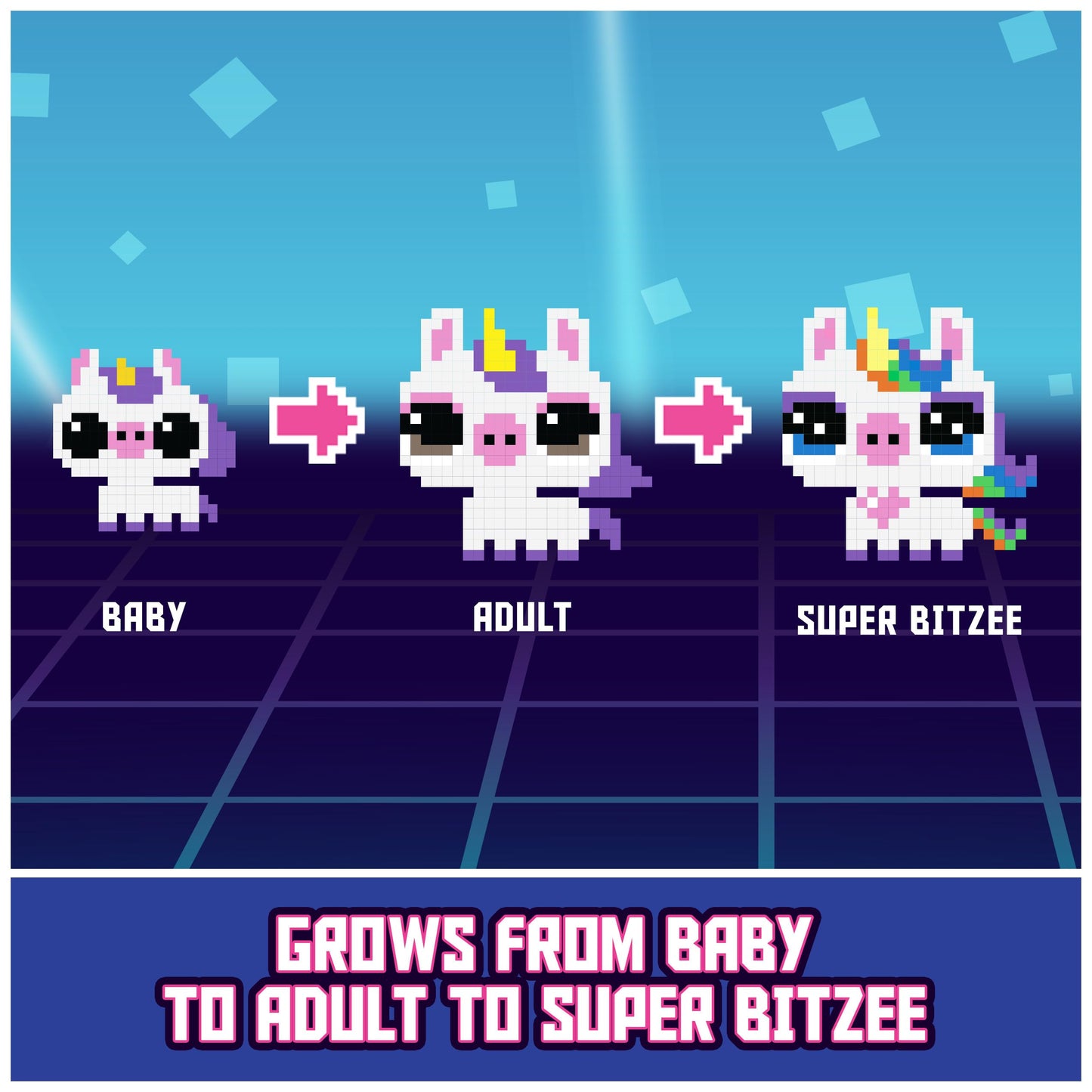 Bitzee Magicals electronic pet showing the evolutionary growth stages from baby to adult