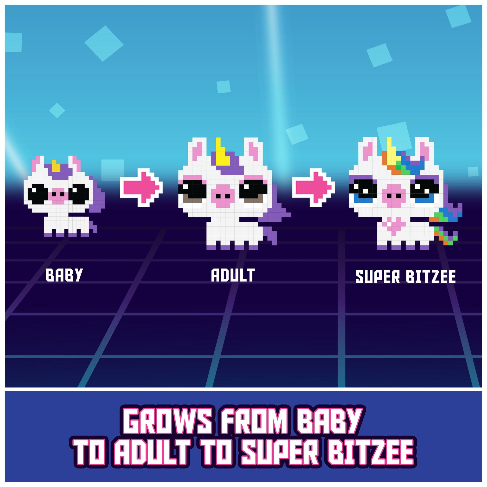 Bitzee Magicals electronic pet showing the evolutionary growth stages from baby to adult
