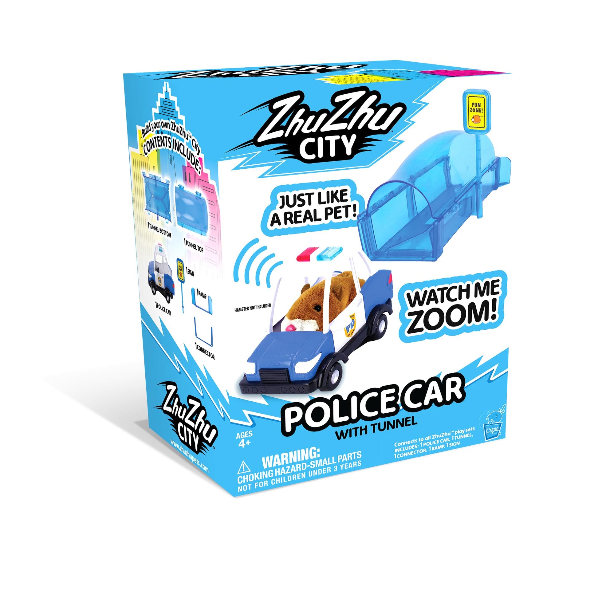 Electronic hamster toy set showing the police vehicle and connected plastic tunnel track