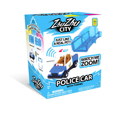 Electronic hamster toy set showing the police vehicle and connected plastic tunnel track