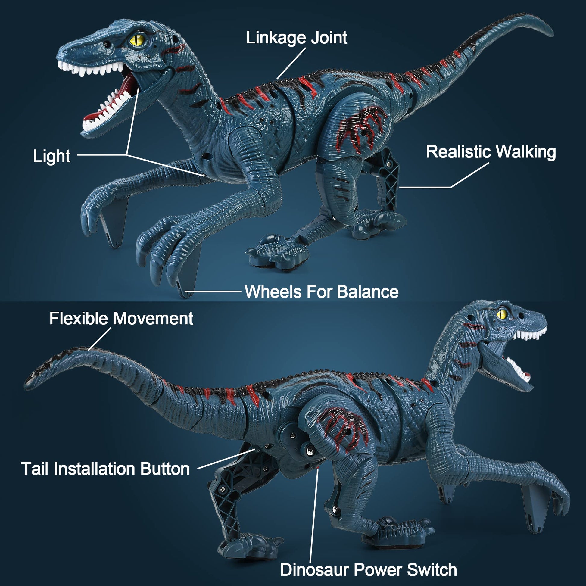 Fossil-shaped remote controller alongside the DibyAgl robotic dinosaur highlighting the easy-to-use steering buttons.