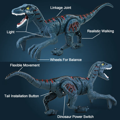 Fossil-shaped remote controller alongside the DibyAgl robotic dinosaur highlighting the easy-to-use steering buttons.