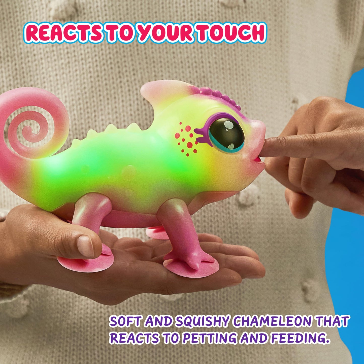 Little Live Pets Nova the Li'l Chameleon colorful electronic pet changing into yellow happiness mode during hand interaction