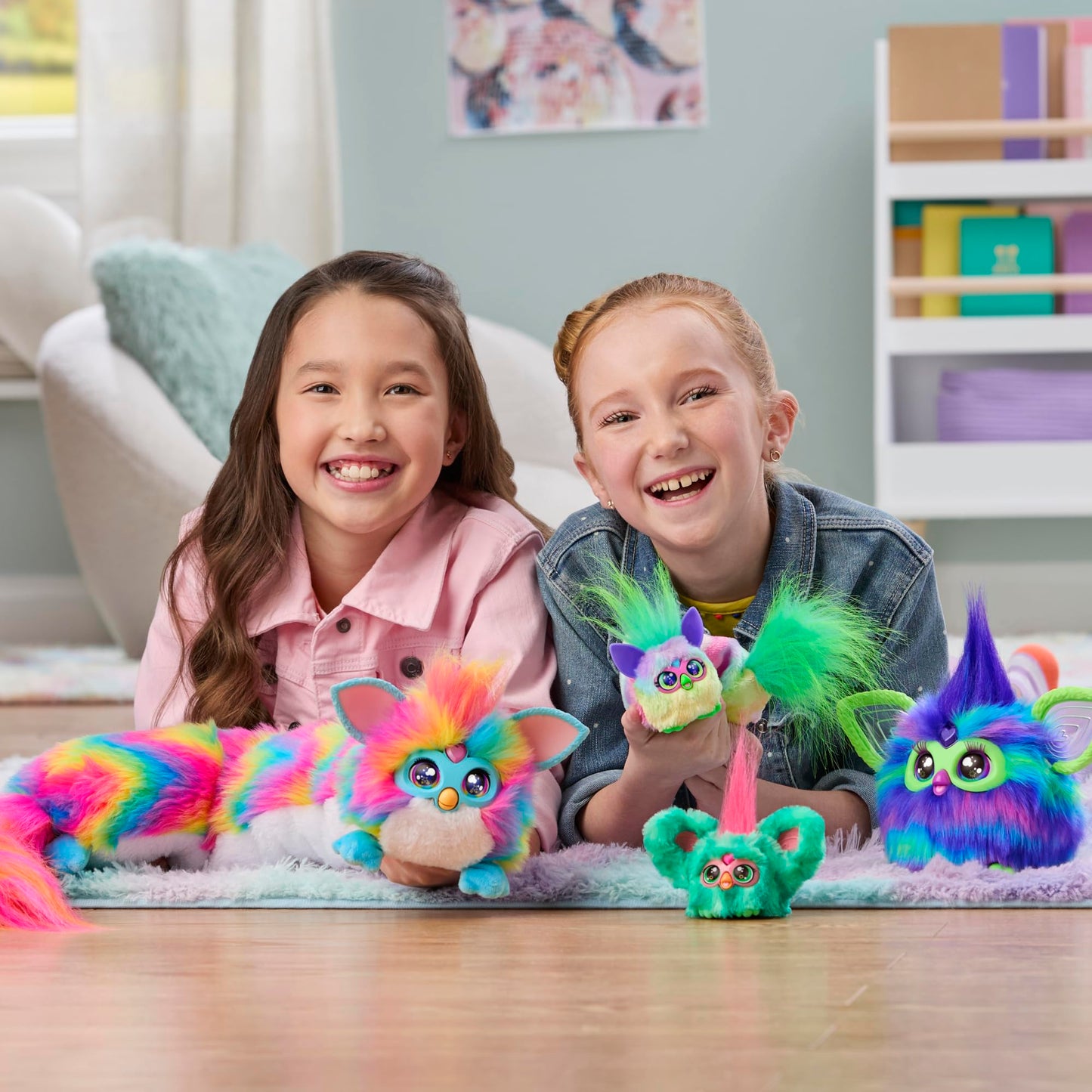 Furby DJ Furblets Berry-Cup-Cake mini plush alongside other Furblets showing interactive connectivity features