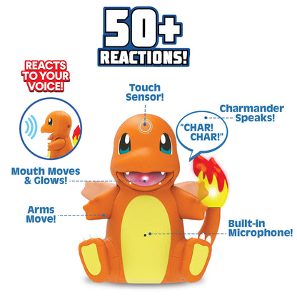 Interactive Charmander toy displaying the touch sensor on the forehead and microphone on the belly.