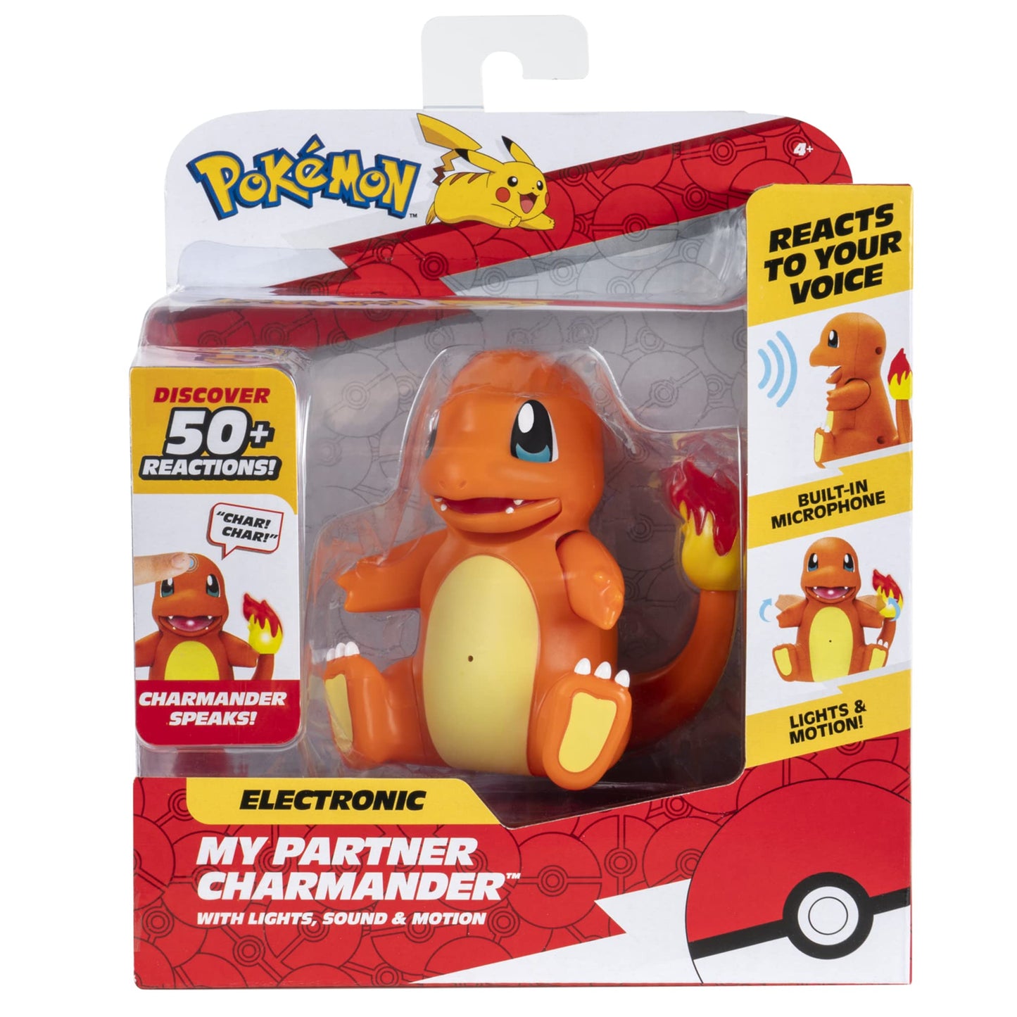 Jazwares Charmander electronic figure with arms moving and mouth glowing during an interaction simulation.