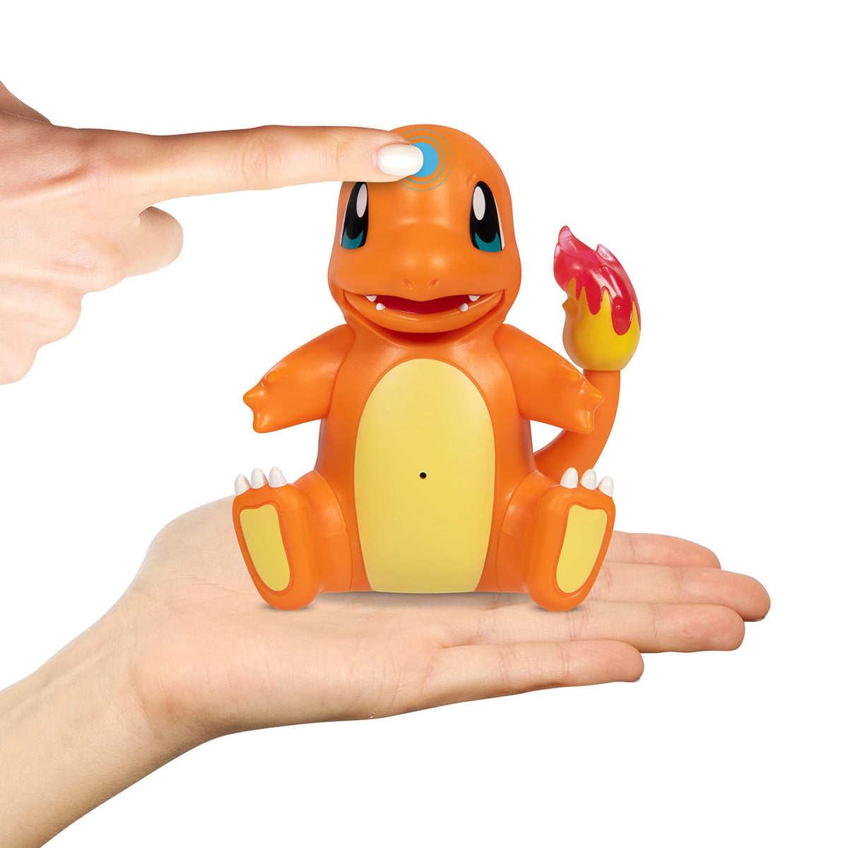 Close up view of the durable plastic design and electronic details of the My Partner Charmander figure.