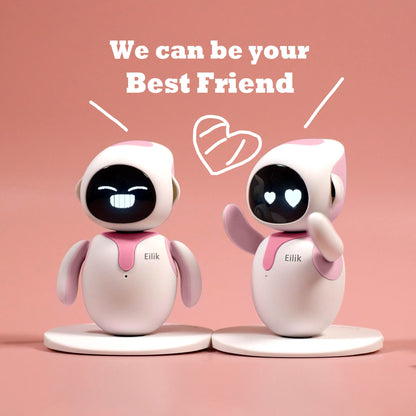 Two separate Eilik companion robots interacting and playing a mini game together on a table