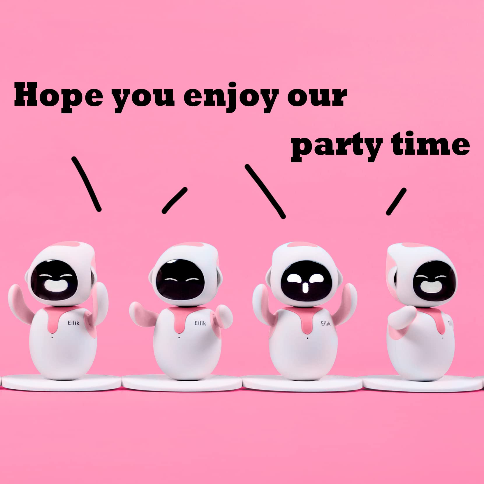 Close up of the micro-LED display screen on the smart pink robot showcasing a happy emotion animation