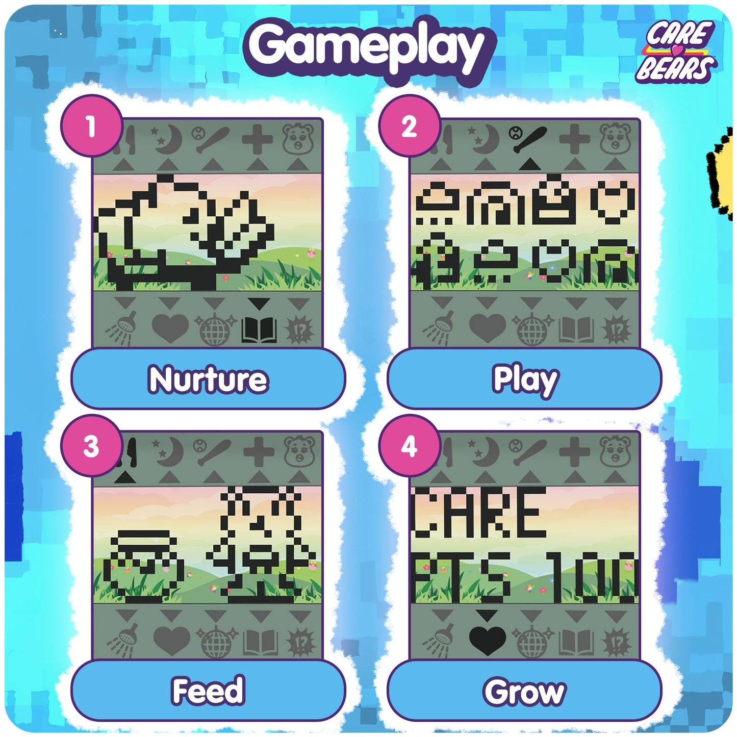 Grumpy Bear nano pet retro pixel screen close up with cloud badge design