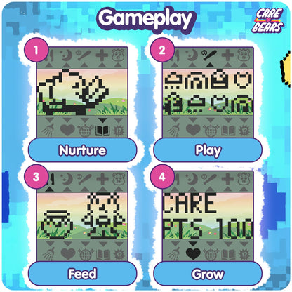 Grumpy Bear nano pet retro pixel screen close up with cloud badge design