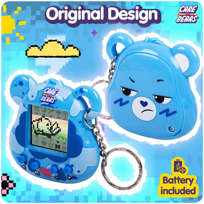 Grumpy Bear blue electronic pocket pet displaying interactive mini game options