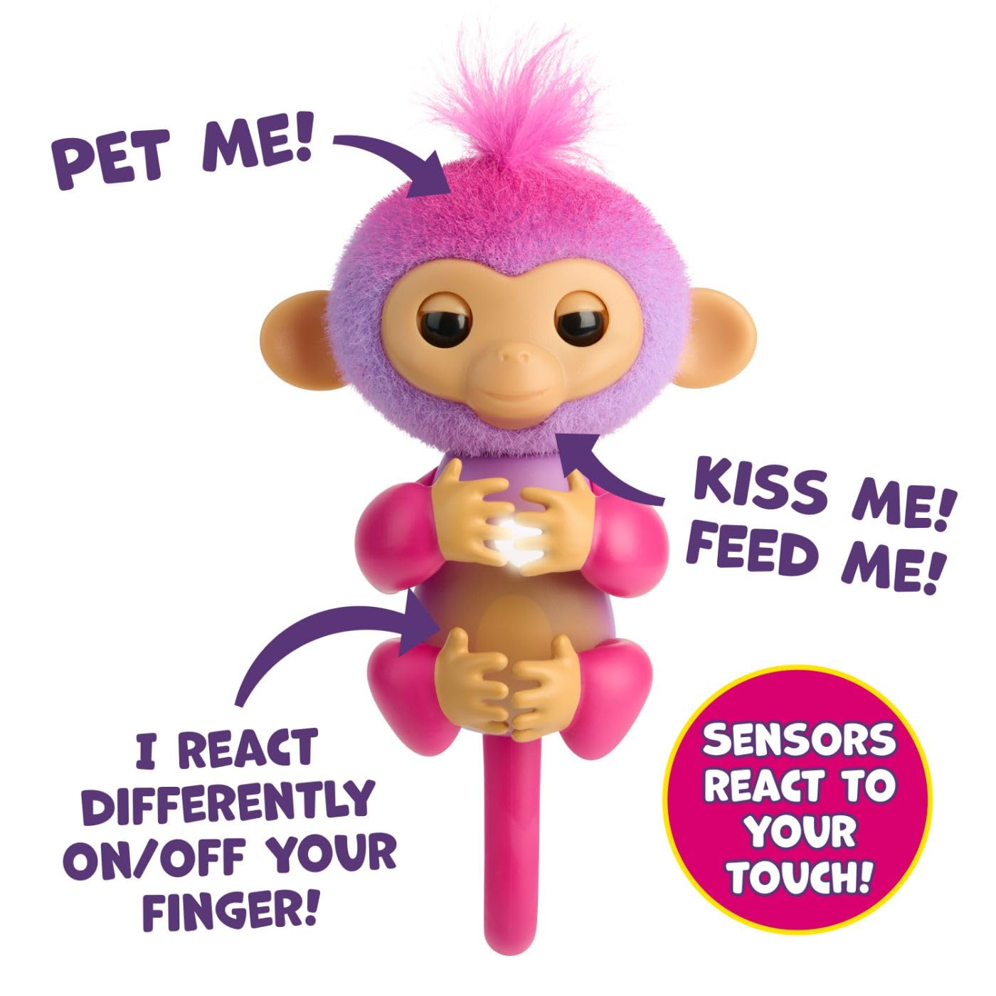 Fingerlings robotic monkey toy with posable tail sitting upright on a desk shelf