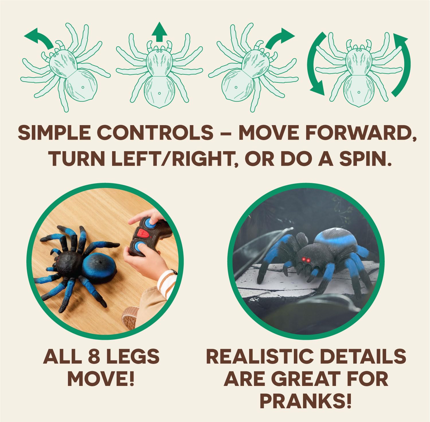 Realistic toy spider with eight moving legs scurrying on smooth indoor flooring