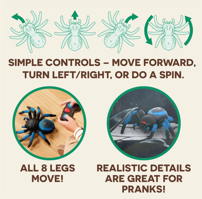Realistic toy spider with eight moving legs scurrying on smooth indoor flooring