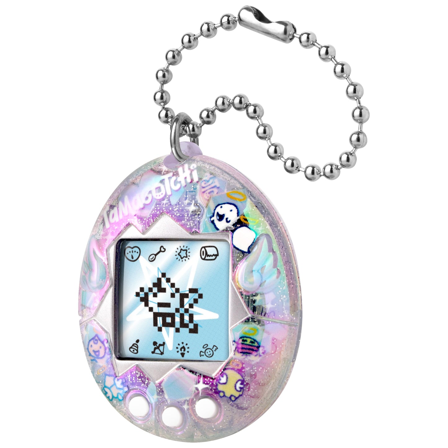 Handheld virtual pet device on a chain attached to a backpack as a fashion accessory