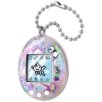 Handheld virtual pet device on a chain attached to a backpack as a fashion accessory