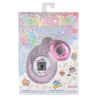 Holographic pink electronic pet toy showing the health meter screen layout close up