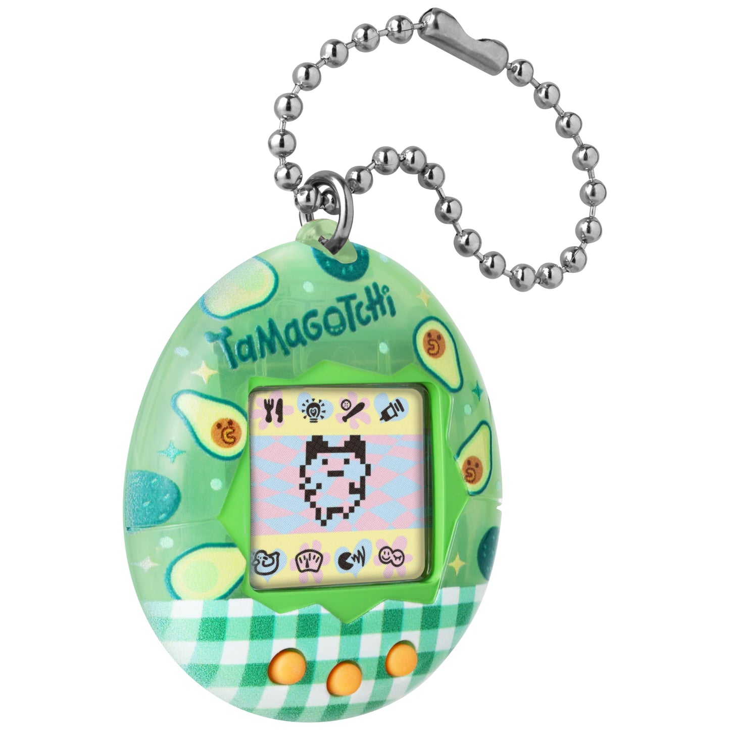 Handheld view of Tamagotchi Avocado Mix variant highlighting the three buttons and LCD screen