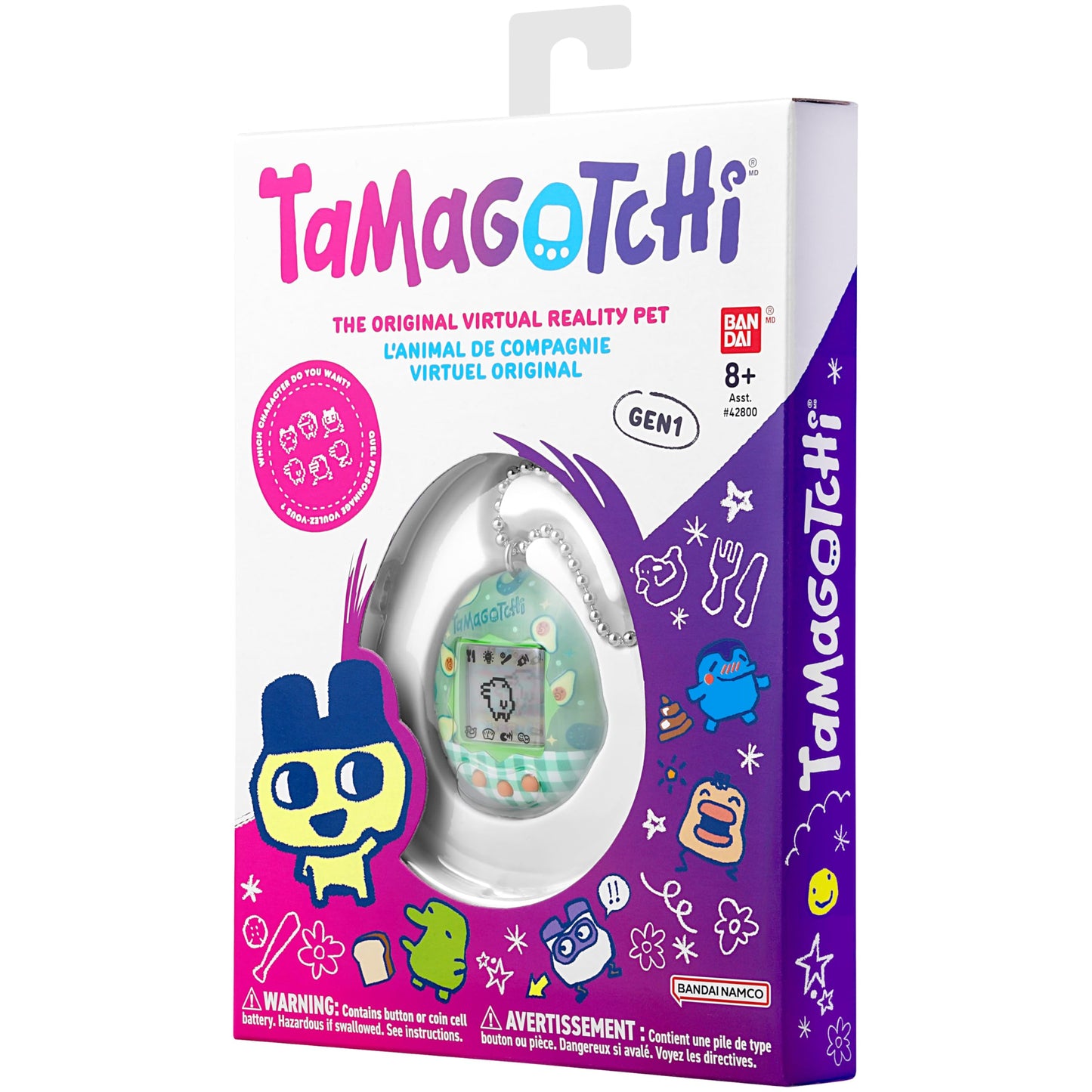 Tamagotchi digital pet keychain attachment on a bag showcasing its portable ball chain